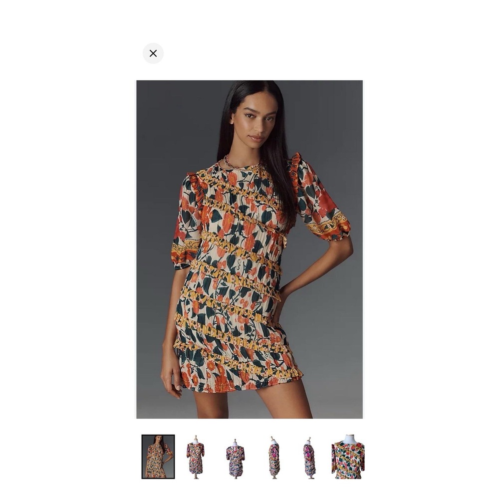 Farm Rio x Anthropologie Puff-Sleeve Fitted Mini Dress. Size L EUC Boho Colorful - Picture 2 of 11